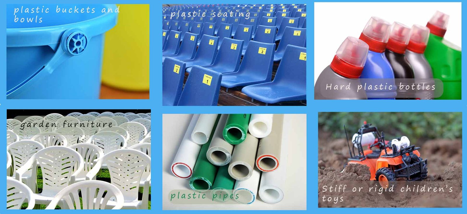 Montage showing the a collection of everyday items made from HDPE.